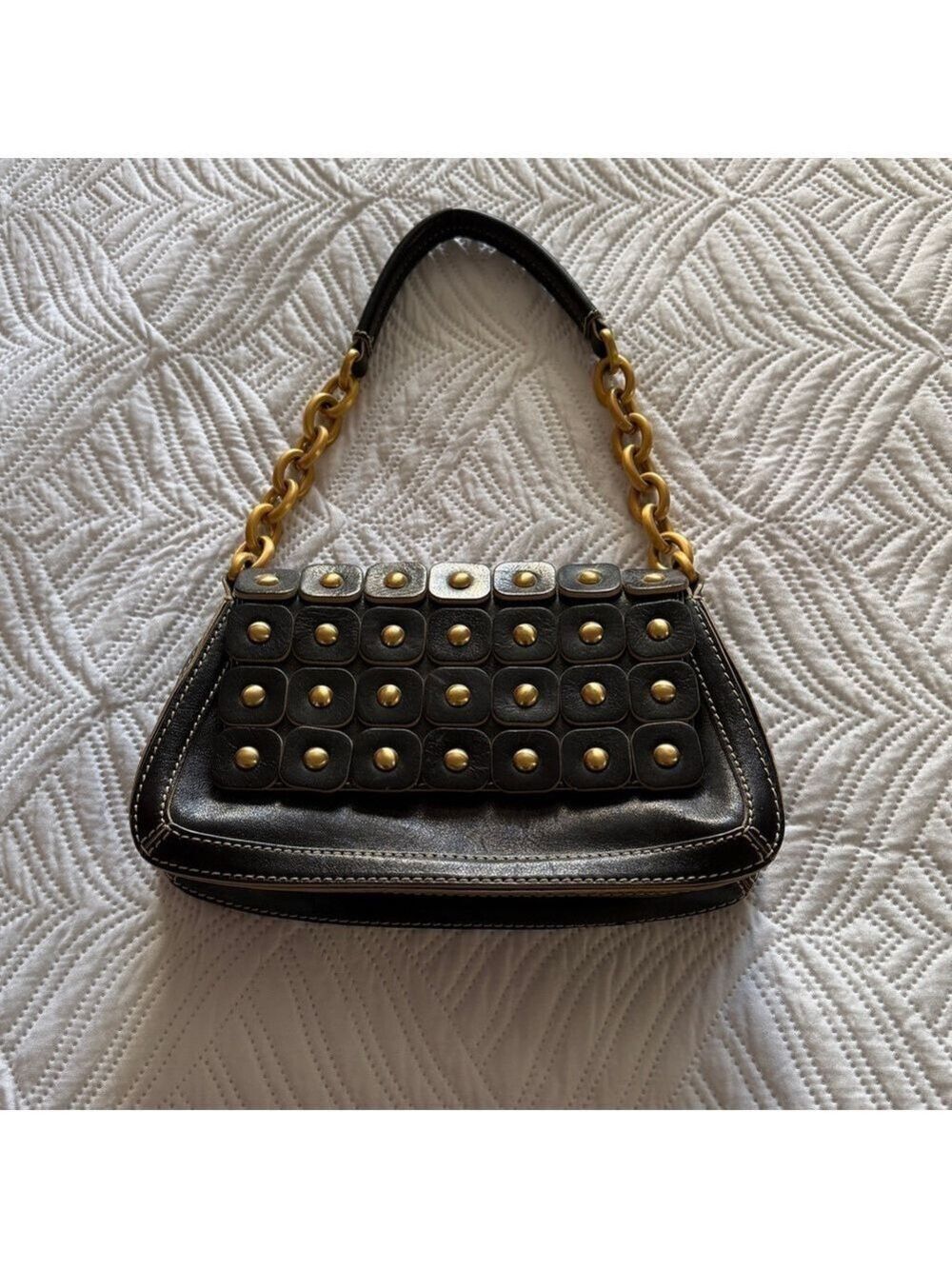 Max New York Vintage Black Leather Gold Studded Shoulder Bag.